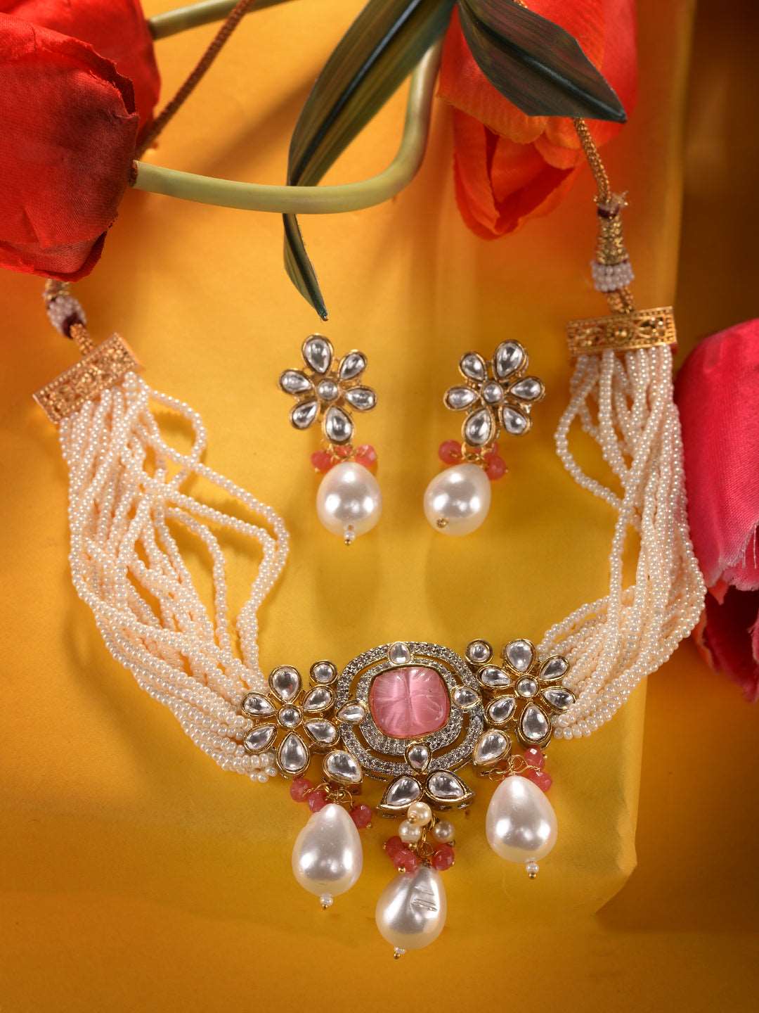 Gold Plated AD Studded Kundan natural Pearl beaded Choker Jewellery Set, zaveri pearls, sale price rs, sale price, sale gold plated, sale gold, sale, rubans, ring, regular price, priyassi jew